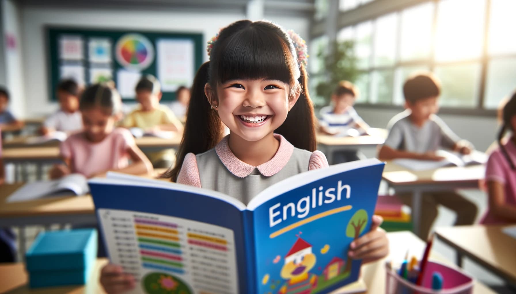 笑顔で英語の教科書を読む小学生